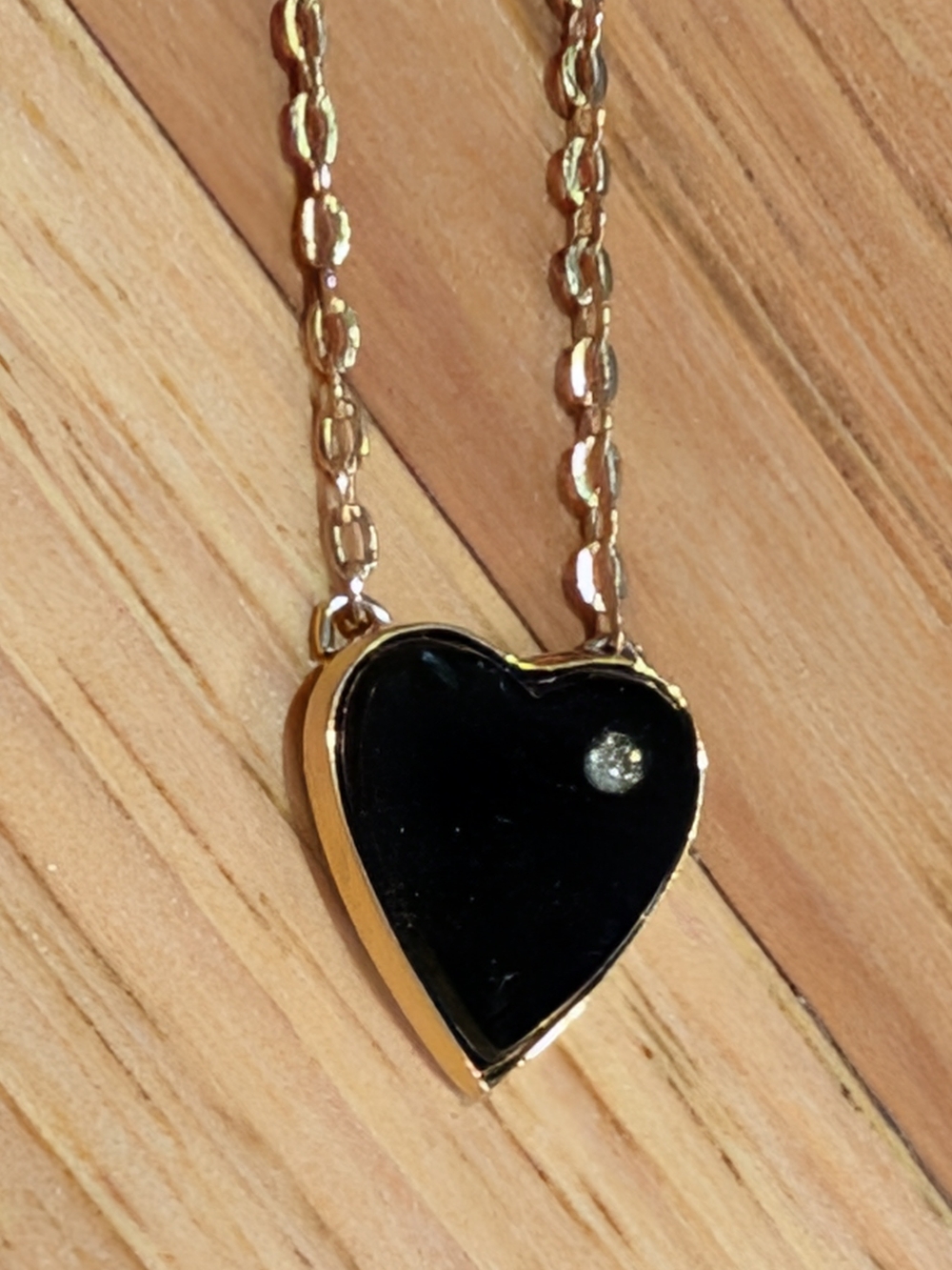 Gold Chain Heart Pendant Necklace with Black Enamel and Crystal Accent